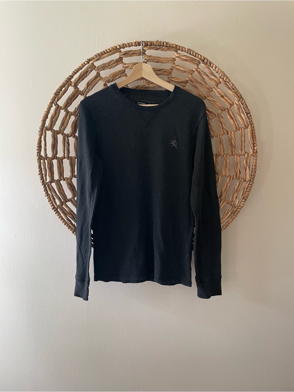 Express Black Long-Sleeve Waffle Crewneck Shirt